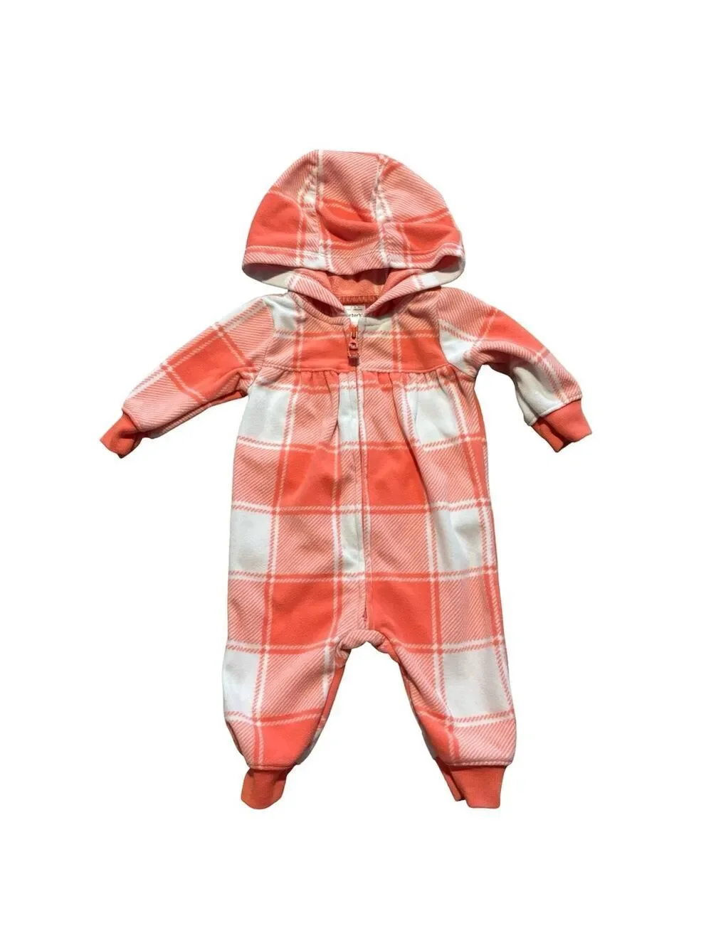 Carter's Coral and White Plaid Hooded Footie Baby Girl 3 months